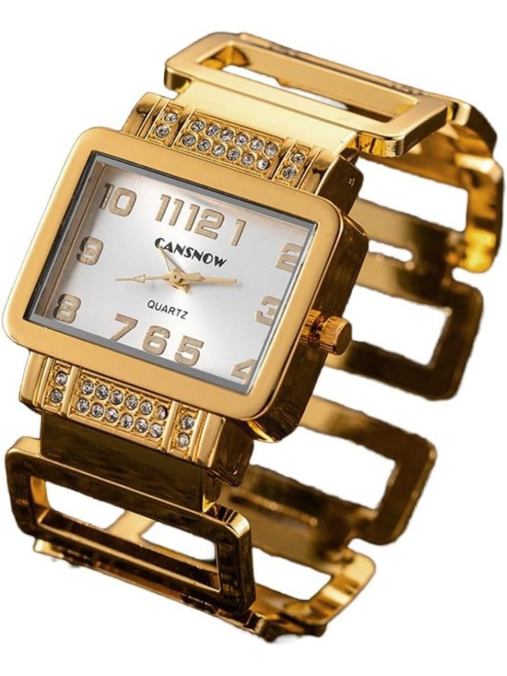 Women's Gold Crystal Rectangle Dial Cuff Bangle Bracelet Analog Quartz Watches